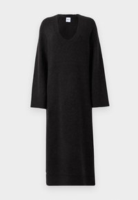 Pikk must kudum Kleid pikade varrukatega ja ümarate kaelustega, esitletud tasapinnal valgel taustal.