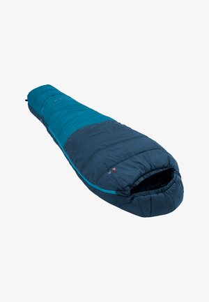 Dunkelblauer Schlafsack mit einer konischen Form, ausgestattet mit einem leuchtend blauen Reißverschluss und einer Kapuze, aus glattem, gestepptem Material.