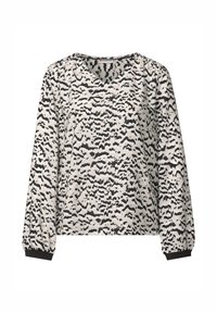 Blusa a maniche lunghe in beige chiaro con un motivo astratto nero. Presenta un colletto a V, spalle arricciate e polsini elasticizzati.