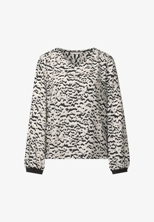 Pitkähihaisessa vaaleanbeigeissä paidassa on musta abstrakti kuvio. Siinä on V-mallinen kaula-aukko, poimutetut olkapäät ja elastiset hihansuut.