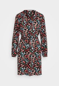 Blumenkleid aus schwarzem Stoff mit langen Ärmeln, einem V-Ausschnitt und einem Gürtel in der Taille. Das Muster umfasst rote, pinke und blaue Blumen.