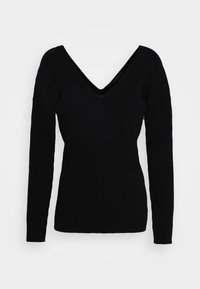 Schwarzer langärmliger Pullover mit tiefem V-Ausschnitt, gerippter Textur, figurbetonter Form und nahtlosen Schultern. Einfaches und minimalistisches Design.