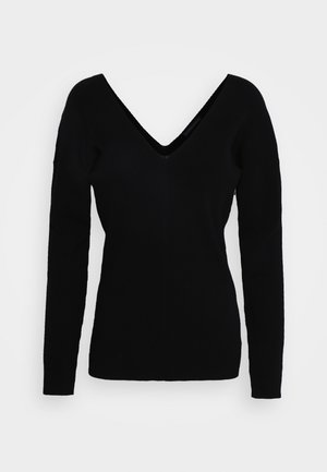 Schwarzer langärmliger Pullover mit tiefem V-Ausschnitt, gerippter Textur, figurbetonter Form und nahtlosen Schultern. Einfaches und minimalistisches Design.