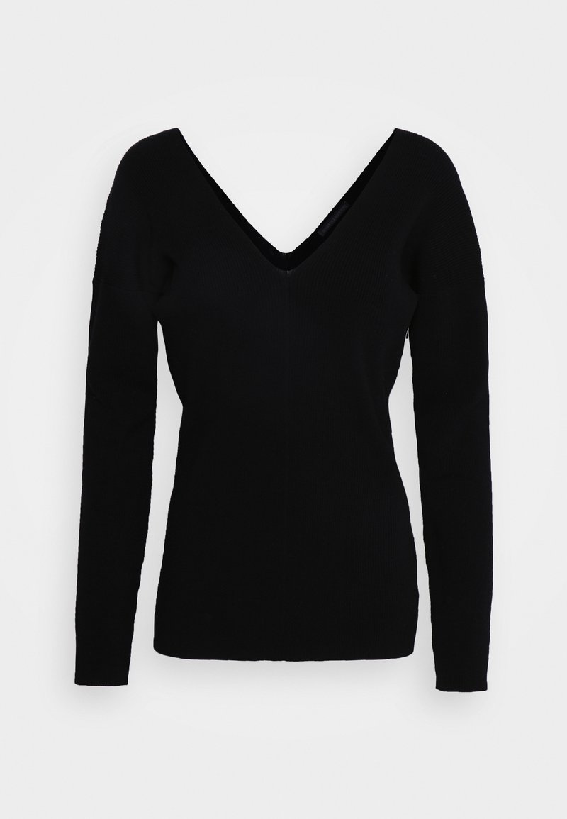 Schwarzer langärmliger Pullover mit tiefem V-Ausschnitt, gerippter Textur, figurbetonter Form und nahtlosen Schultern. Einfaches und minimalistisches Design.