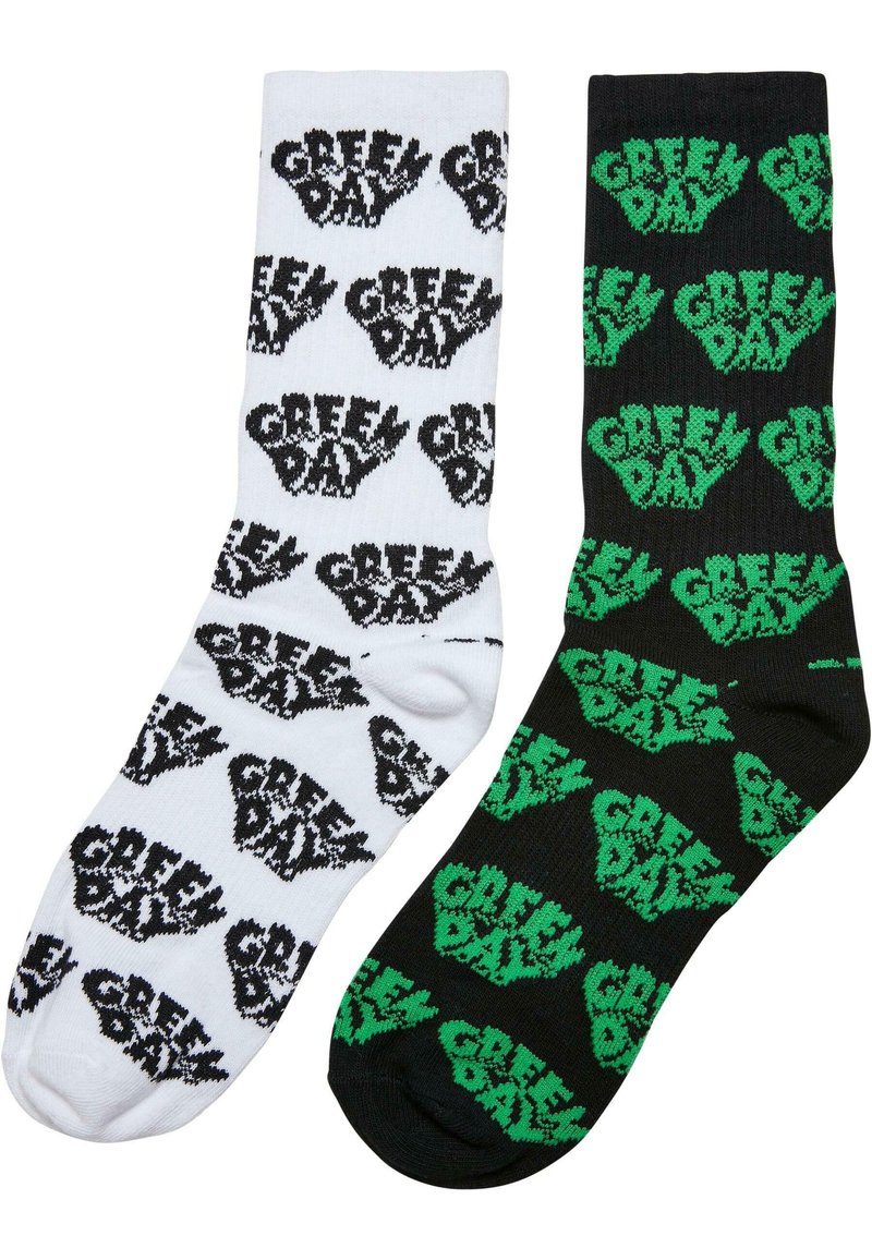 Fekete-fehér crew zoknik, amelyek ismétlődő "Green Day" logóval és grafikus kezekkel díszítettek, pamutból készültek, puha, kötött textúrával.
