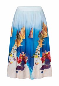 Uitlopende rok met een blauwe gradient, voorzien van een schilderachtige print van kliffen, bloemen en gebouwen in levendige kleuren, gemaakt van lichtgewicht materiaal.