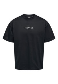 Zwarte katoenen T-shirt met een losse pasvorm, korte mouwen en een ronde halslijn. Op de voorkant staat witte tekst met "ABSTRACTED STUDIOS."