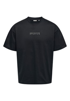 Zwarte katoenen T-shirt met een losse pasvorm, korte mouwen en een ronde halslijn. Op de voorkant staat witte tekst met "ABSTRACTED STUDIOS."