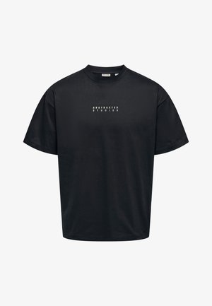 Black cotton t-shirt with a loose fit, short sleeves, and crew neckline. Front features white text reading "ABSTRACTED STUDIOS."