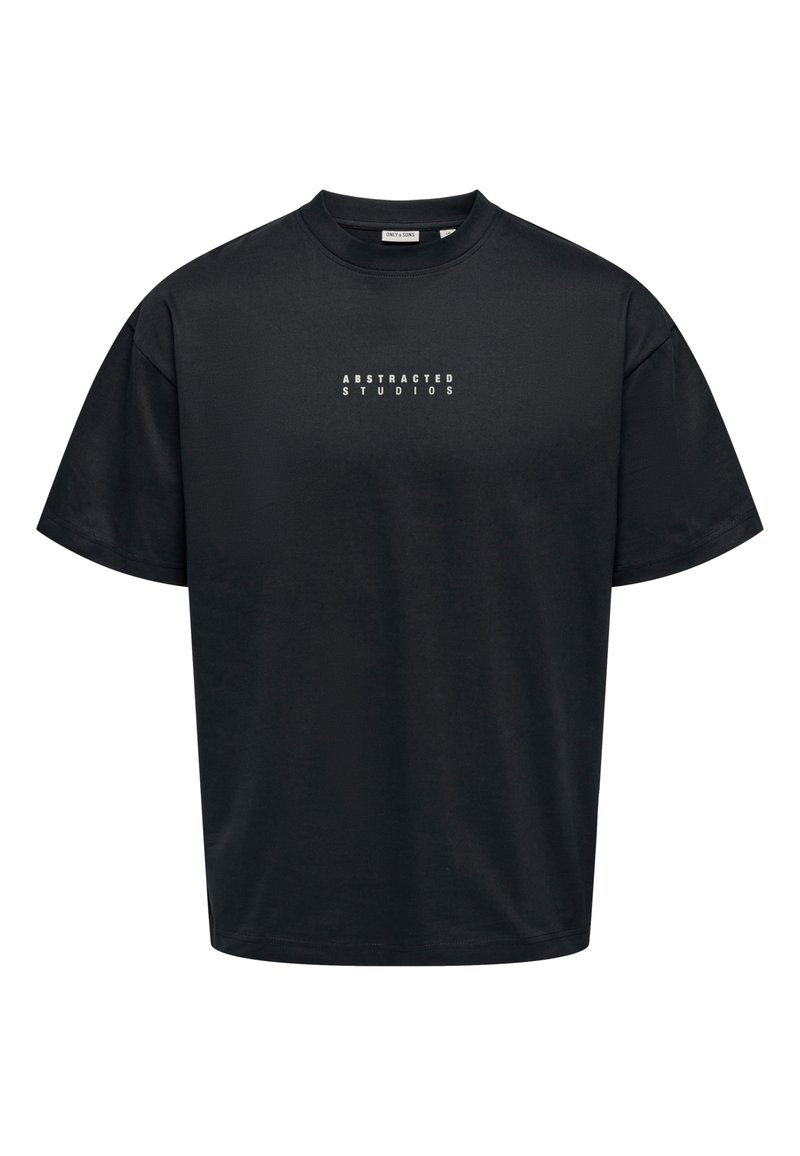 Zwarte katoenen T-shirt met een losse pasvorm, korte mouwen en een ronde halslijn. Op de voorkant staat witte tekst met "ABSTRACTED STUDIOS."