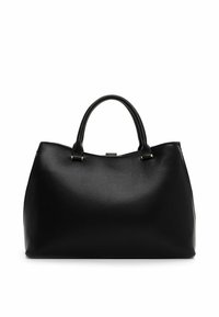 Borsa a mano nera in pelle con una texture liscia, manici arrotondati e hardware minimale. Design spazioso adatto per l'uso quotidiano.