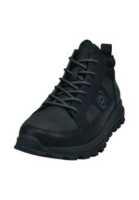 Czarne buty trekkingowe z cholewką ze skóry i tekstyliów, szare sznurówki, wyściełany kołnierz, strukturalna podeszwa oraz detal z logo po boku.