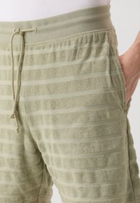 Lichtgroene, handdoekachtige stof short met horizontale strepen, elastische tailleband, koord en logo aan de zijkant. Gewreven oppervlak detail.