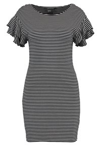 Robe à rayures noires et blanches avec manches courtes à volants, encolure ronde et silhouette ajustée, réalisée en tissu extensible.