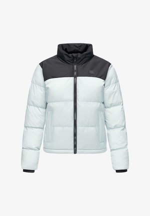 Šviesiai mėlynas pūkinis švarkas su juodu viršutiniu paneliu, pilnas priekis su užtrauktuku, dvi šoninės kišenės ir elastingi rankogaliai. Lygus paviršius su siuvinėtu raštu.