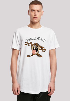 White cotton t-shirt featuring a cartoon character with outstretched arms and the text "That's all Folks!" printed above.
