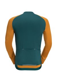 T-shirt de sport à manches longues avec un corps teal et des manches orange. Présente un design ajusté et des accents réfléchissants dans le bas du dos et à l'ourlet.
