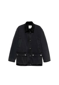 Black denim jacket with a corduroy collar, snap closures, two front pockets, and a relaxed fit. Smooth texture with minimal detailing.