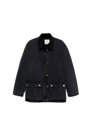 Black denim jacket with a corduroy collar, snap closures, two front pockets, and a relaxed fit. Smooth texture with minimal detailing.