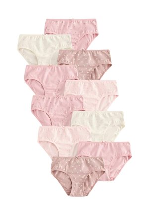 Ti par piger bomuldsundertøj i nuancer af pink, creme og beige med små hjerte- og prikmønstre samt små sløjfedetaljer.
