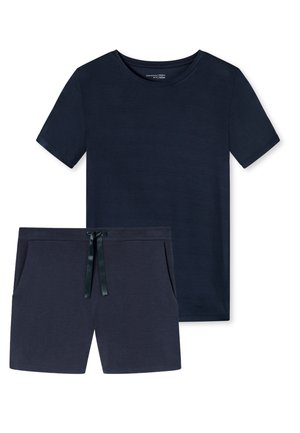 Navy blue short-sleeve t-shirt and matching shorts made of soft fabric. Shorts feature a drawstring waistband and side pockets.