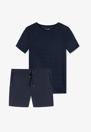 T-shirt a maniche corte blu navy e pantaloni coordinati realizzati in un tessuto morbido. I pantaloni presentano una vita con cordoncino e tasche laterali.