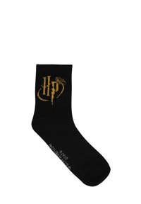 Schwarze Socken mit einem goldenen "HP"-Logodesign, aus einem weichen Textil mit glatter Oberfläche, geeignet für Freizeitbekleidung.
