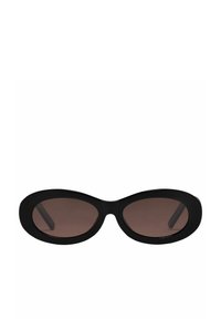 Black oval sunglasses with dark brown lenses and thick plastic frames. Smooth texture and curved design. Minimalist style with no additional detailing.
