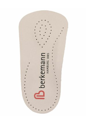 Beige orthopädische Einlegesohle mit Perforationen, Berkemann-Markenlogo und dem Text "Hamburg 1885" in Schwarz und Rot.
