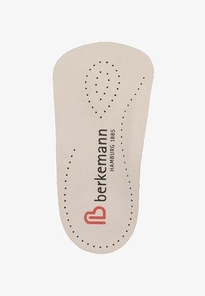 Beige orthotic insole with perforations, Berkemann brand logo, and "Hamburg 1885" text in black and red.