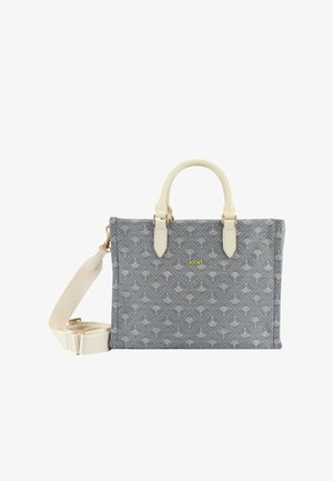 Borsa a tracolla grigia in tessuto con motivo ripetuto. Presenta manici in pelle bianca, una tracolla removibile e un accento del logo giallo.
