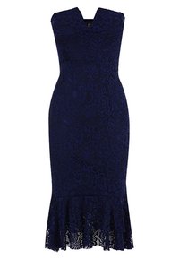 Navy lace dress with a fitted silhouette, V-neckline, and a flared hem. Features floral patterns and textured fabric.