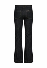 Vaqueros acampanados de color azul oscuro, con una textura de denim suave, dos bolsillos traseros y costuras en marrón contrastante. La palabra 'IVY' está bordada en la cinturilla.
