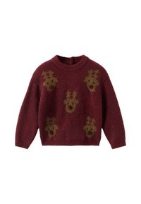 Pulover tricotat în culoarea vișinie, cu guler rib bijuterie, având un model cu reni aurii dispersați pe față. Textură moale, croi lejer.