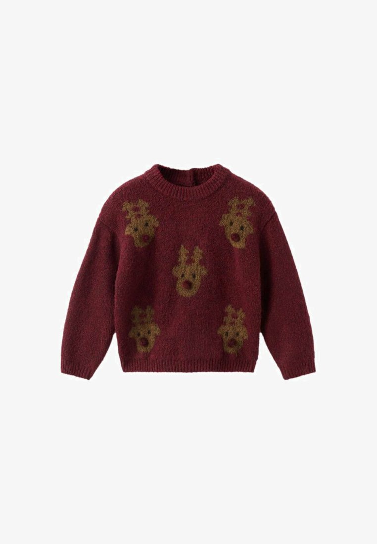 Pulover tricotat în culoarea vișinie, cu guler rib bijuterie, având un model cu reni aurii dispersați pe față. Textură moale, croi lejer.
