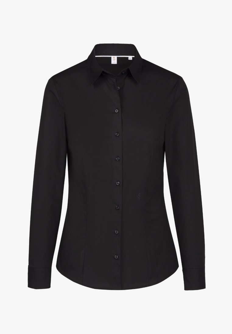 Chemise noire pour femme à manches longues avec boutons, col pointu et taille ajustée.
