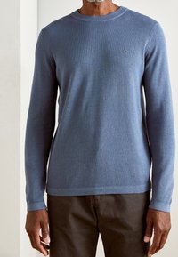 Maglione azzurro chiaro a maniche lunghe con collo a girocollo a costine e cuciture piatte. Presenta un logo discreto sul petto e una texture morbida.