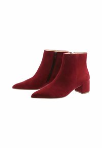 Stivaletti alla caviglia in suede rosso con punta appuntita, chiusura con zip laterale e tacco a blocco. Texture liscia con un design minimalista.