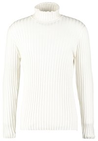 Vit ribbad polotröja, gjord av textil med struktur, med långa ärmar och en åtsittande design, med en hög, vikbar krage.