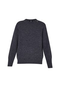 Maglione a maglia grigio scuro con scollatura rotonda, maniche lunghe e un dettaglio dorato vicino alla spalla. Tessuto morbido e vestibilità rilassata.