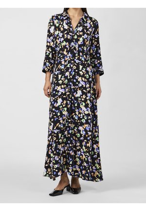 Černé květinové šaty s řadou knoflíků na přední straně, dlouhými rukávy a volným střihem. Obsahují barevné abstraktní vzory ve fialové, zelené a oranžové barvě.