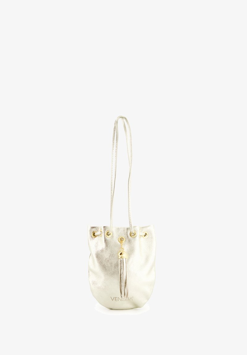 Metallic silver bucket bag with dual handles, gold eyelets, and decorative tassel. Made of soft material with a smooth texture.