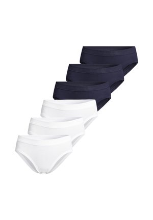 Drei schwarze und drei weiße Damen-Slip-Unterhosen im Brief-Stil, angeordnet in zwei überlappenden Reihen auf weißem Hintergrund.