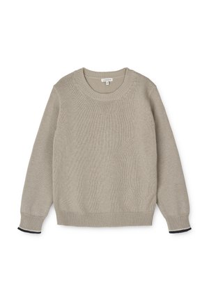 Pull en maille beige à manches longues, col rond et poignets et ourlet côtelés, avec une bordure sombre contrastante subtile aux poignets.