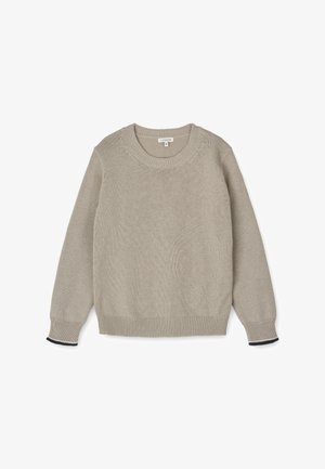 Pull en maille beige à manches longues, col rond et poignets et ourlet côtelés, avec une bordure sombre contrastante subtile aux poignets.
