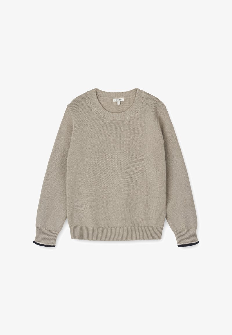 Pull en maille beige à manches longues, col rond et poignets et ourlet côtelés, avec une bordure sombre contrastante subtile aux poignets.
