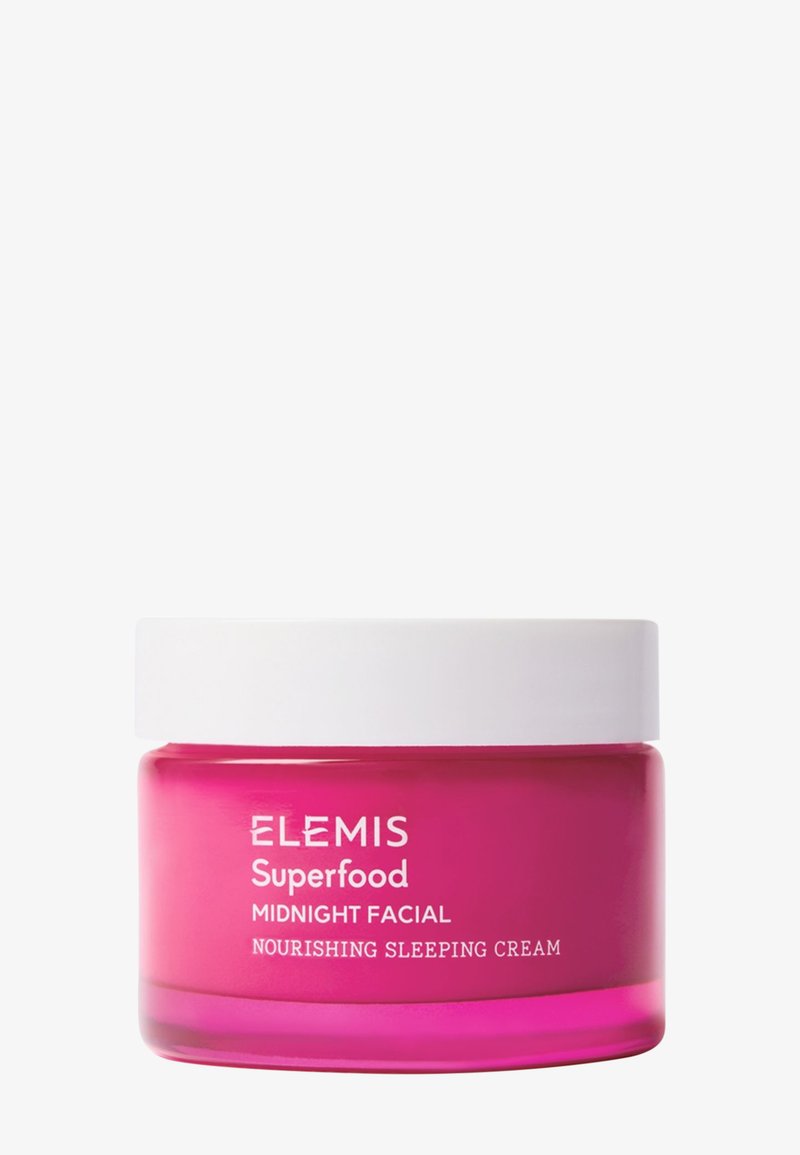 Lyserødt krukke med Elemis Superfood Midnight Facial Nourishing Sleeping Cream med hvid låg på en ensfarvet hvid baggrund.
