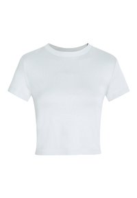 White cotton cropped t-shirt with short sleeves and a round neckline, featuring a smooth texture and no visible patterns or graphics.