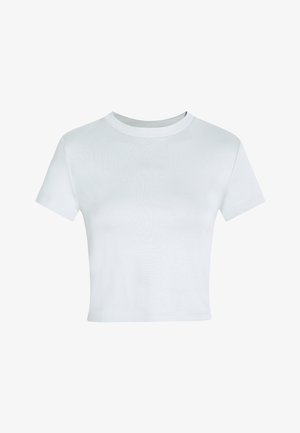 White cotton cropped t-shirt with short sleeves and a round neckline, featuring a smooth texture and no visible patterns or graphics.