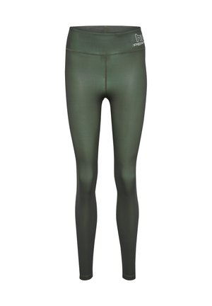 Grønne højtaljede leggings lavet af glat, strækbart stof med et tætsiddende design. Har et logo ved taljen og flade syninger.